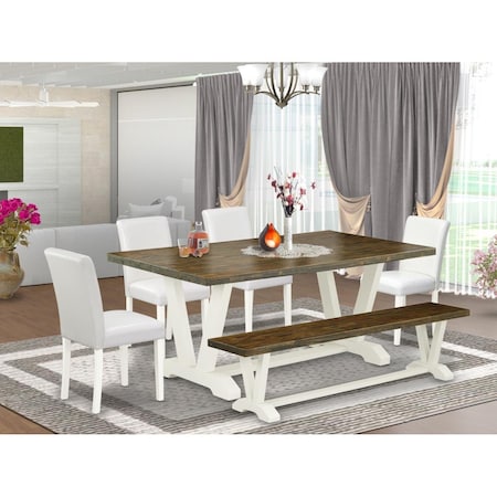 East West Furniture 6 Piece V-Style Fashionable Dining Room Table Set - Linen White V077AB264-6